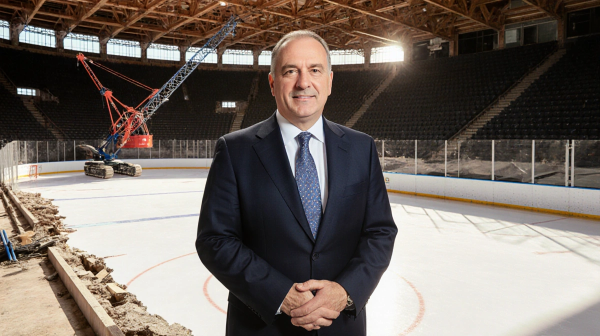 IIHF President Luc Tardif stands confidently at Milan Olympic hockey arena construction site with unfinished rink and equipme