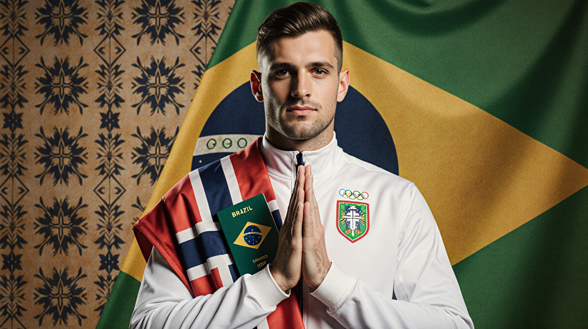 Lucas standing proudly with hands clasped showing his Olympic uniform and Brazilian passport on a Norwegian flag backdrop