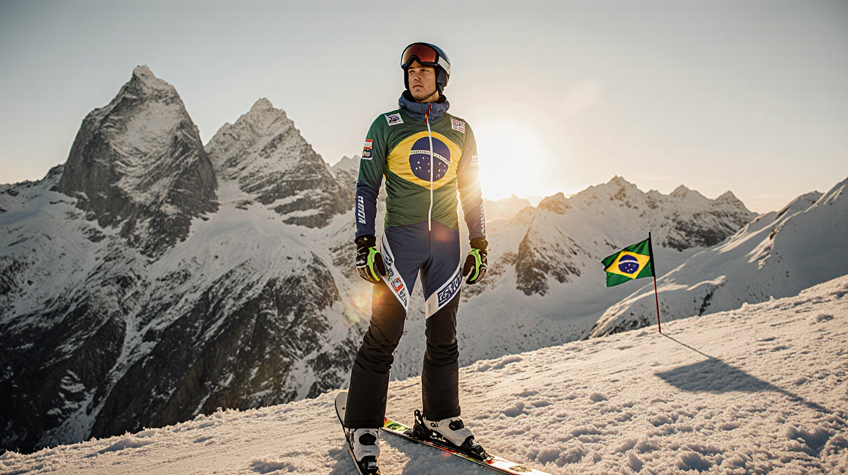 Lucas Pinheiro Braathen stands with skis at his feet, wearing a suit and looking determined as sunset lights mountain with fl
