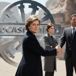 Kathleen Kennedy handing Lucasfilm reins to Dave Filoni with nostalgic Mos Eisley Cantina background and new logo