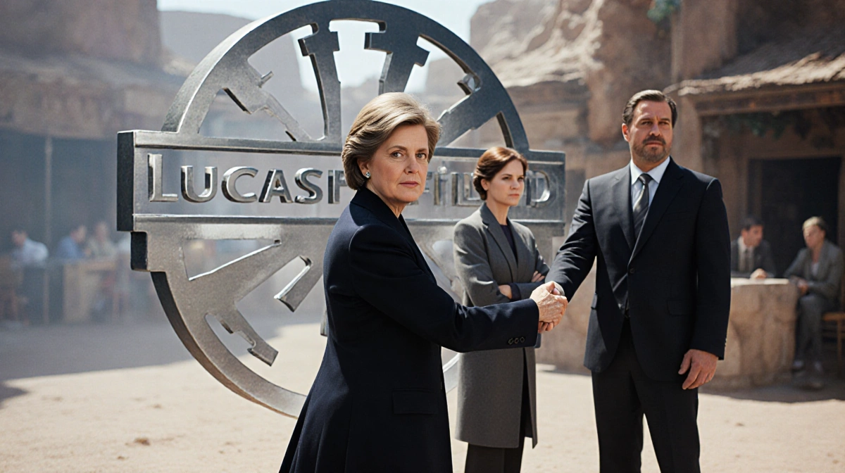 Kathleen Kennedy handing Lucasfilm reins to Dave Filoni with nostalgic Mos Eisley Cantina background and new logo