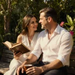 Luciana Damon reading vintage book with coffee while sitting with Matt Damon on wooden bench in tropical garden