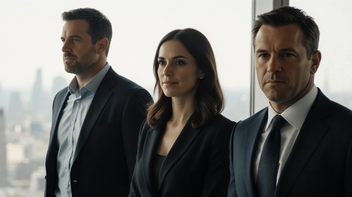 Luciana Barbosa and Matt Damon stand together with Ben Affleck walking behind them showing their professional collaboration