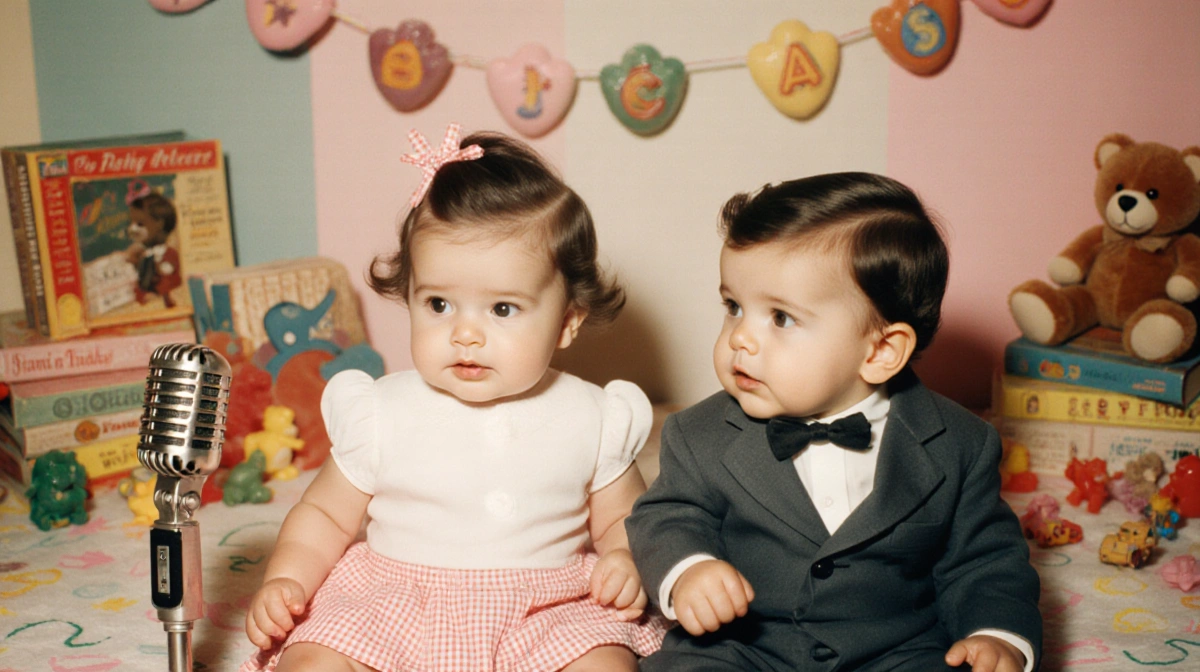 Two baby siblings sit together in a cozy nursery with pastel colors and 1950s attire