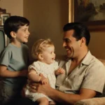 Lucille Ball cradling her baby and smiling at Desi Arnaz with family photos and vintage TV in Cuban‑inspired living room.