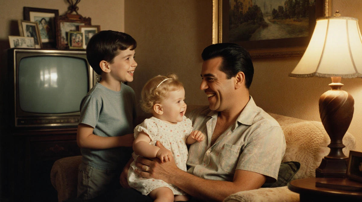 Lucille Ball cradling her baby and smiling at Desi Arnaz with family photos and vintage TV in Cuban‑inspired living room.