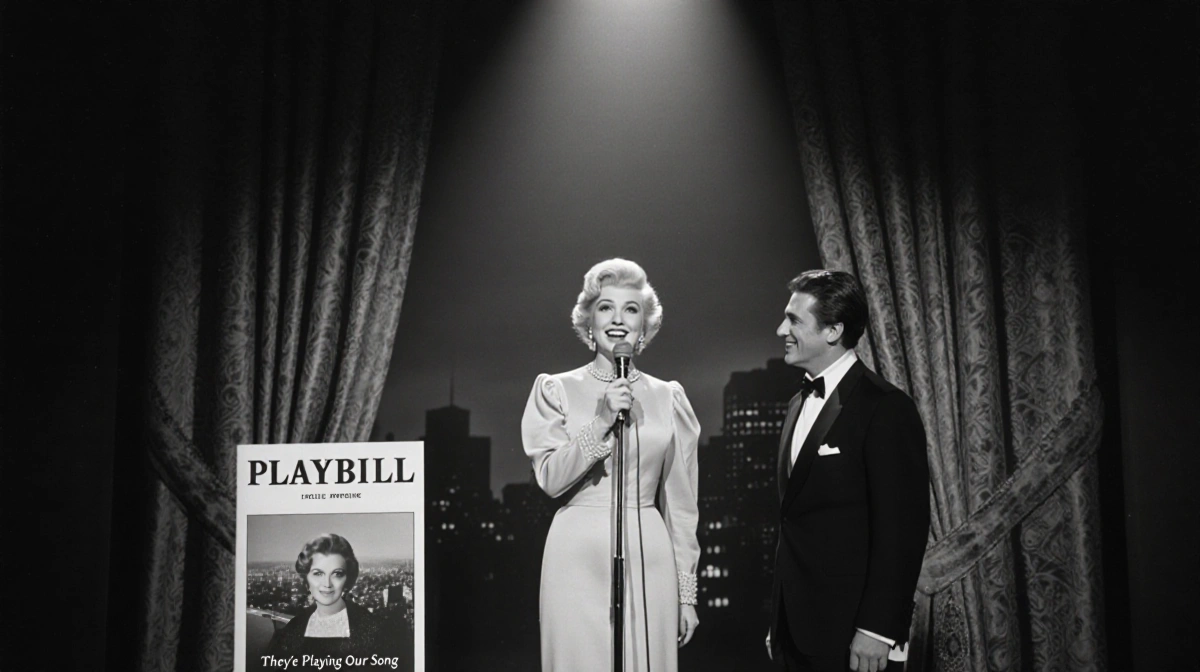 Lucille Ball performing on stage with microphone and theater curtains with Laurence Luckinbill beside her and playbill showin