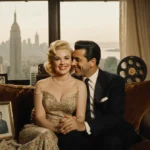 Lucille Ball and Desi Arnaz sit together on couch with hands entwined and vintage film reel nearby