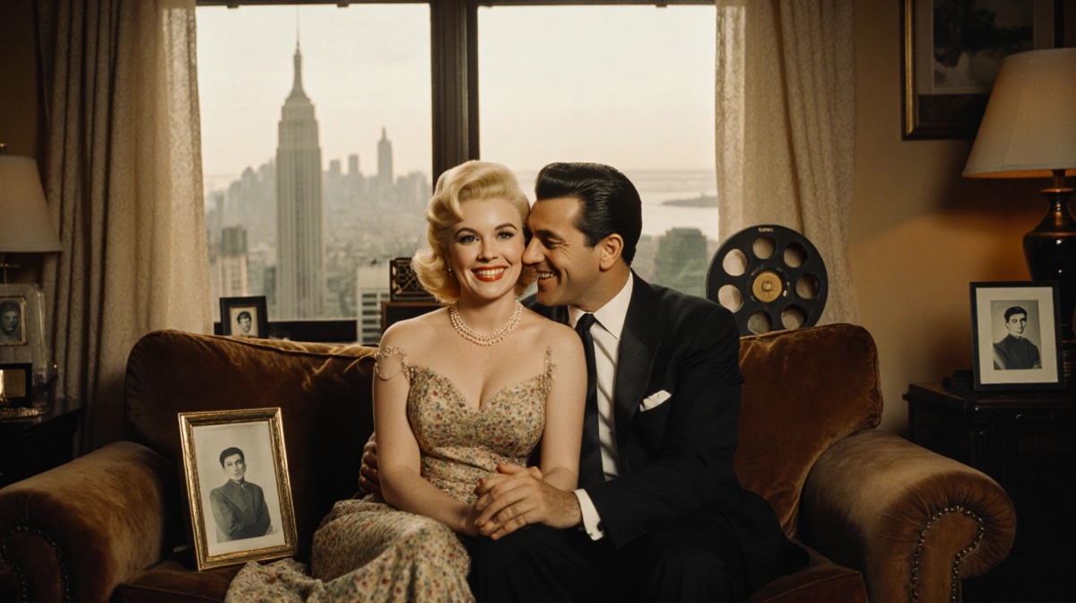 Lucille Ball and Desi Arnaz sit together on couch with hands entwined and vintage film reel nearby