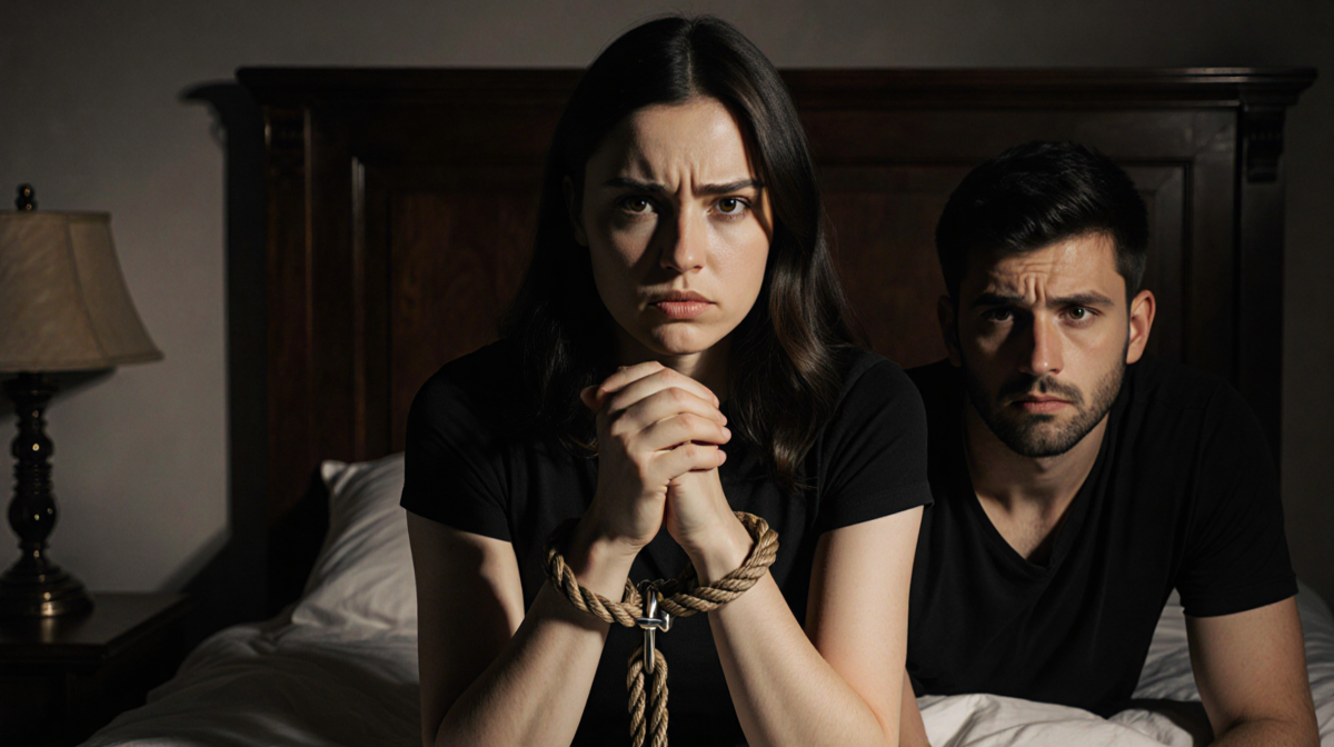 Lucy sits in an intimate and unsettling dimly lit bed with her wrists bound while Alex stands nearby looking concerned.