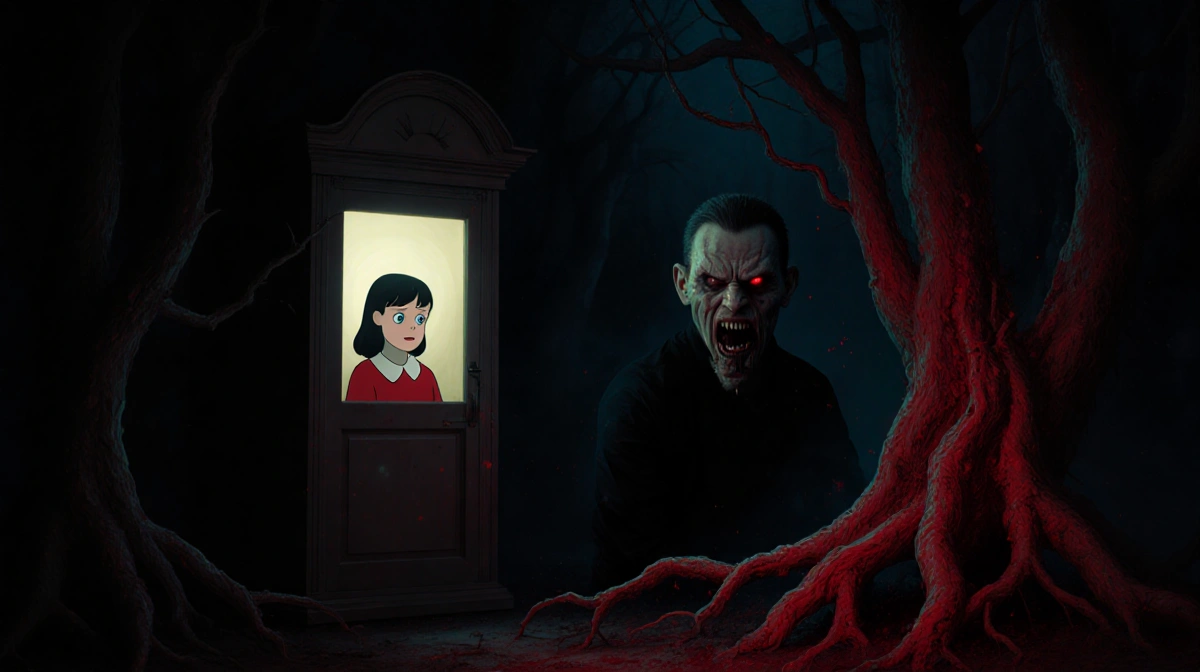 Lucy's confessional glowing bright with Stephen's twisted face lurking in shadows and red splashes showing dark romance