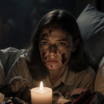 Lucy gazes with candlelight illuminating her face amid tangled sheets and items in a dimly lit room