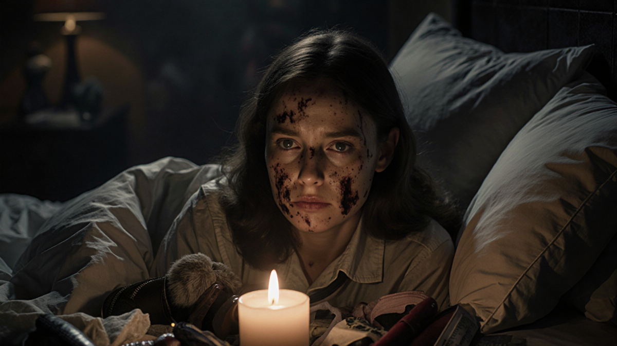 Lucy gazes with candlelight illuminating her face amid tangled sheets and items in a dimly lit room