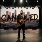 Ludacris stands alone on empty Nashville stage with guitar under spotlight and canceled sign behind
