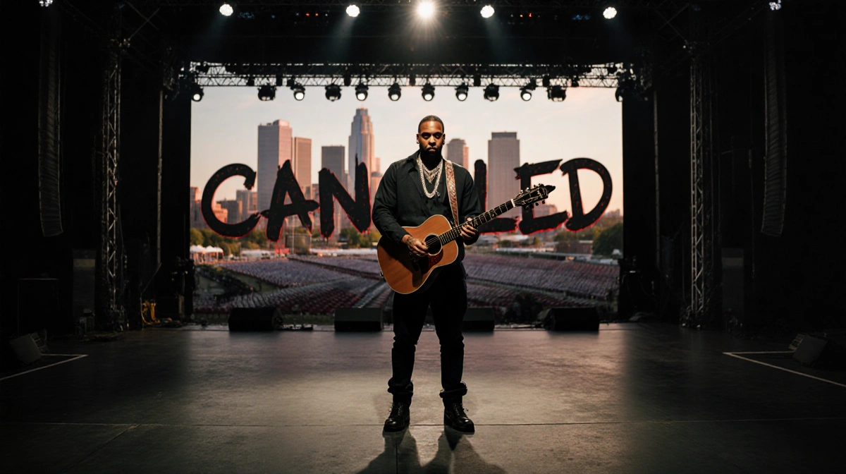Ludacris stands alone on empty Nashville stage with guitar under spotlight and canceled sign behind