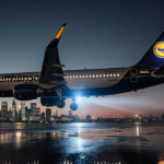 Airbus A320neo descending towards Heathrow runway with cockpit glowing blue and London skyline reflected on wet pavement