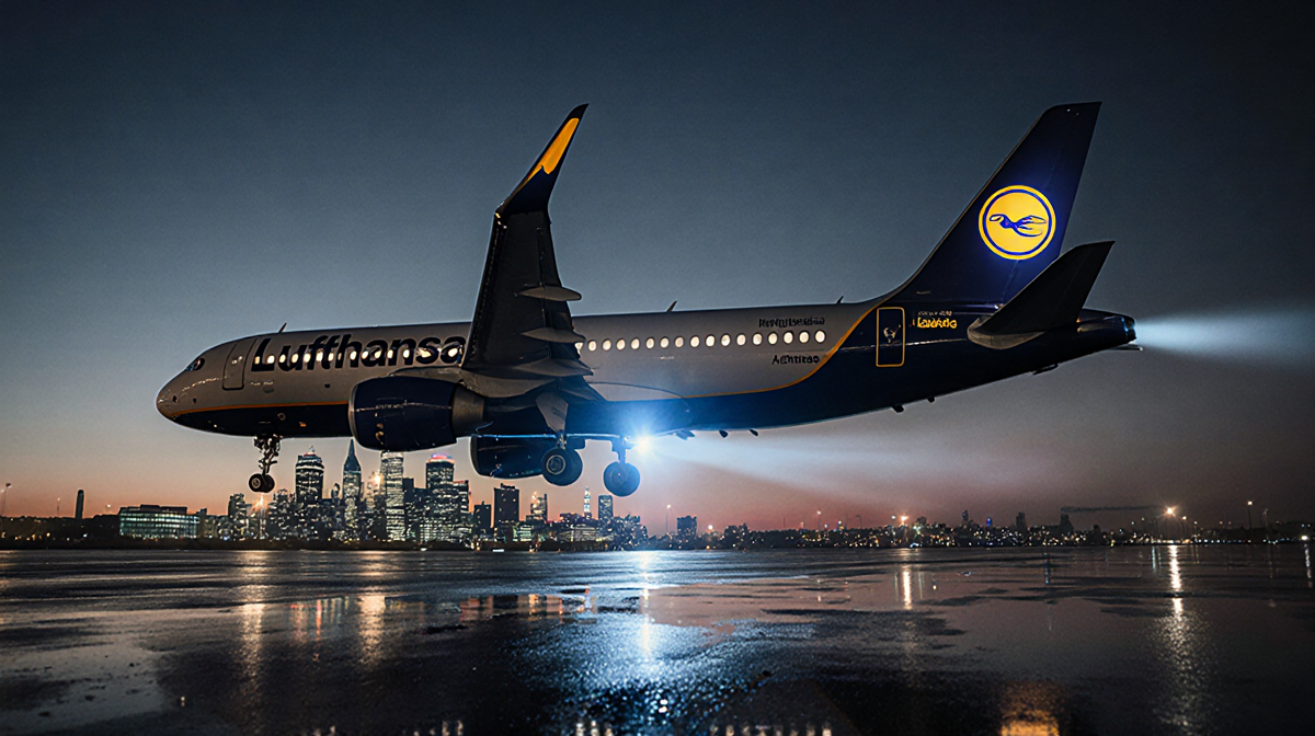 Airbus A320neo descending towards Heathrow runway with cockpit glowing blue and London skyline reflected on wet pavement