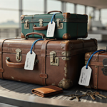 Carousel displays scattered vintage suitcases with AirTags on handles and a first‑gen AirTag beside a trunk.