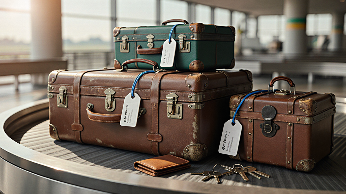Carousel displays scattered vintage suitcases with AirTags on handles and a first‑gen AirTag beside a trunk.