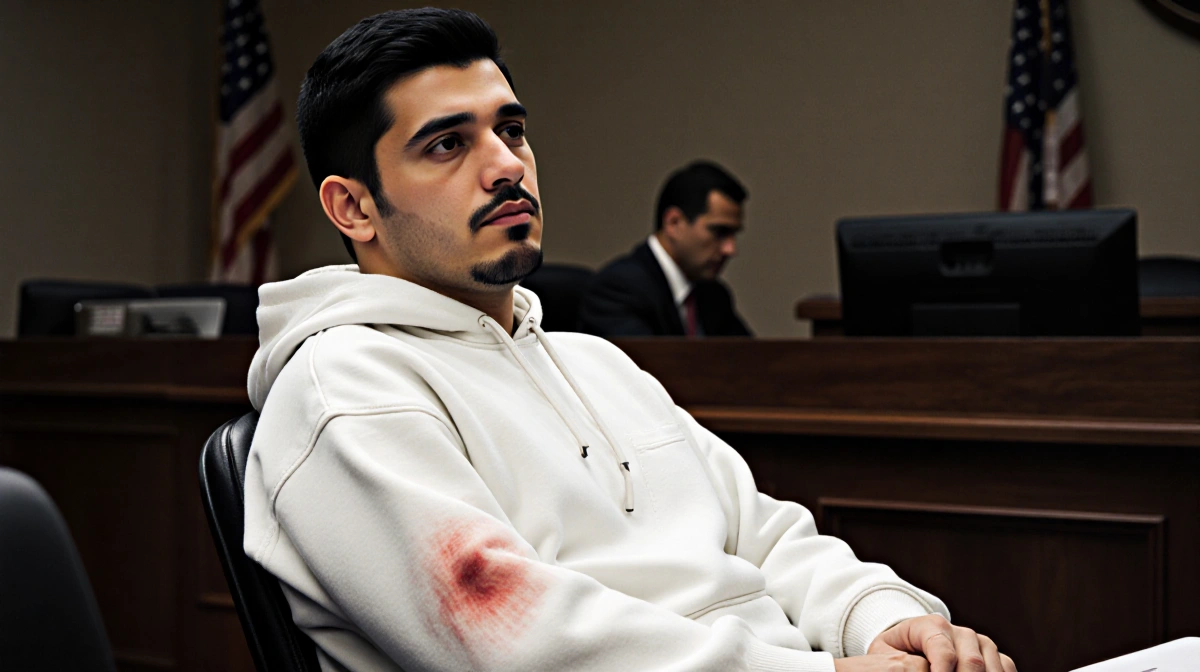 Luis David Nino-Moncada sits injured in courtroom with gunshot wounds visible and judge's bench behind