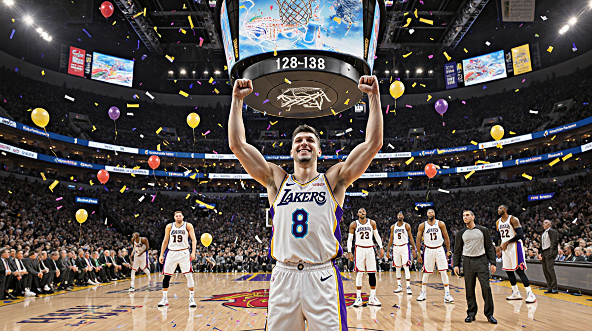 Luka Doncic raising arms in triumph with confetti and a scoreboard showing 129-118 with golden glow
