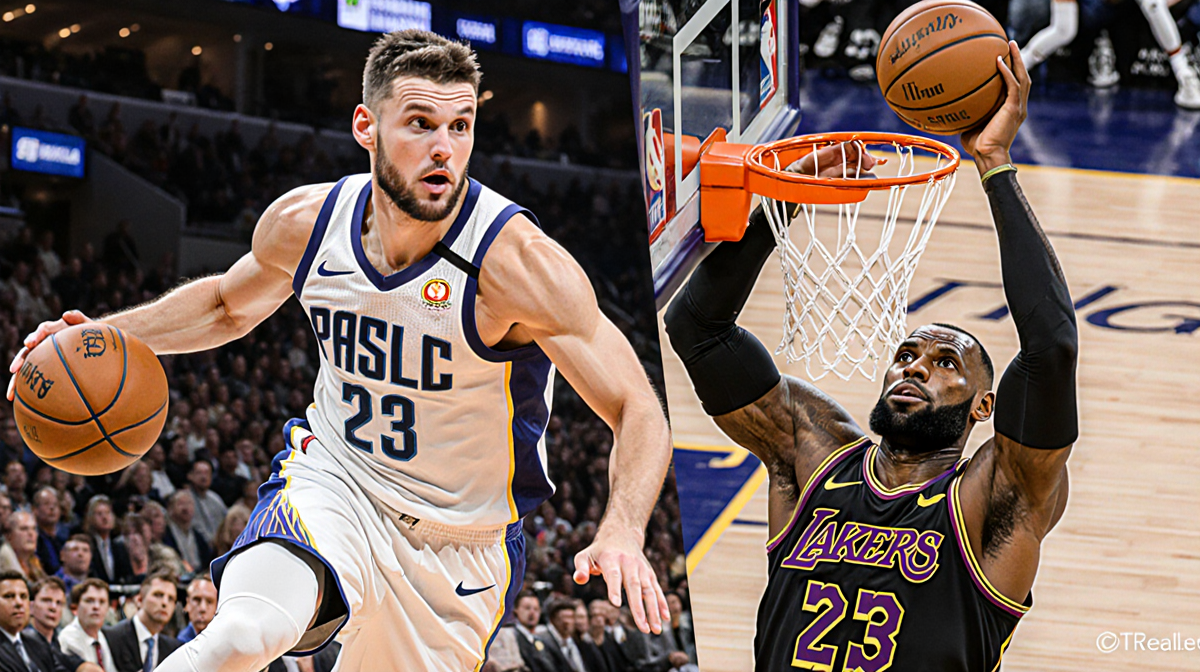 Luka Doncic dribbling toward the basket with LeBron James shooting a free throw on a split-screen court background.