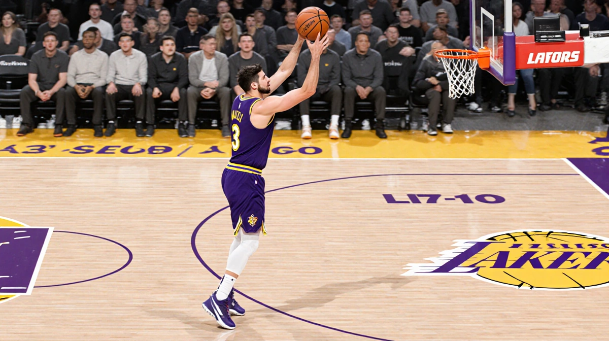 Luka Doncic shooting three-pointer with Lakers bench blurred behind him and basketball leaving his hand