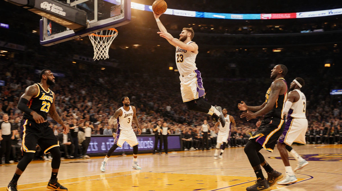 Luka Dončić dunking the basketball with Lakers players cheering under a sunset cityscape
