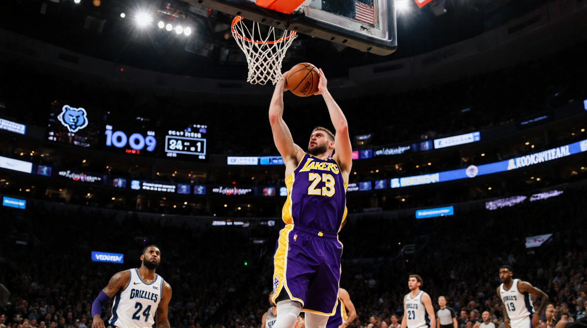 Luka Dončić takes a pull-up jumper with the Lakers bench cheering and a 100-99 scoreboard in the foreground