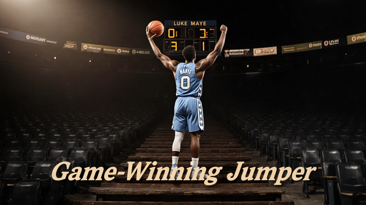 Luke Maye celebrates with arms raised and basketball while holding scoreboard showing 0.3 seconds at UNC Chapel Hill arena