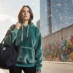 Woman wearing a plush Lululemon hoodie and tote bag poses with warm light illuminating her face and vibrant hoodie colors