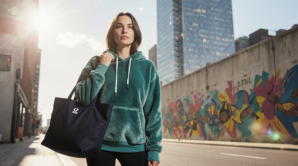 Woman wearing a plush Lululemon hoodie and tote bag poses with warm light illuminating her face and vibrant hoodie colors