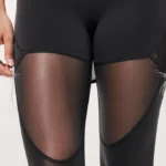 Woman wearing see-through Lululemon Get Low leggings with thighs visible through thin fabric and loose threads showing at hem