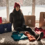 Person relaxing on cozy blanket with Lululemon shopping bags and winter clothes nearby