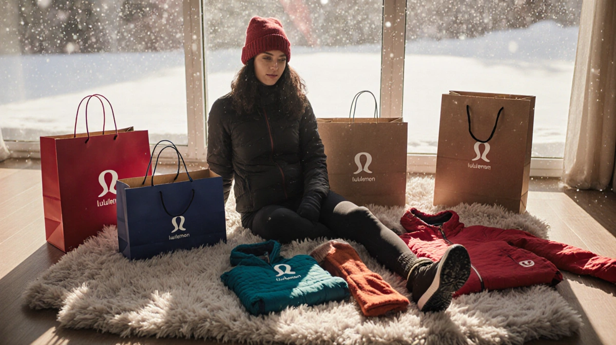 Person relaxing on cozy blanket with Lululemon shopping bags and winter clothes nearby