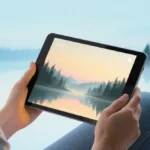 Person holding Lumo Paper Tablet with calming blue sky and golden light showing forest on screen