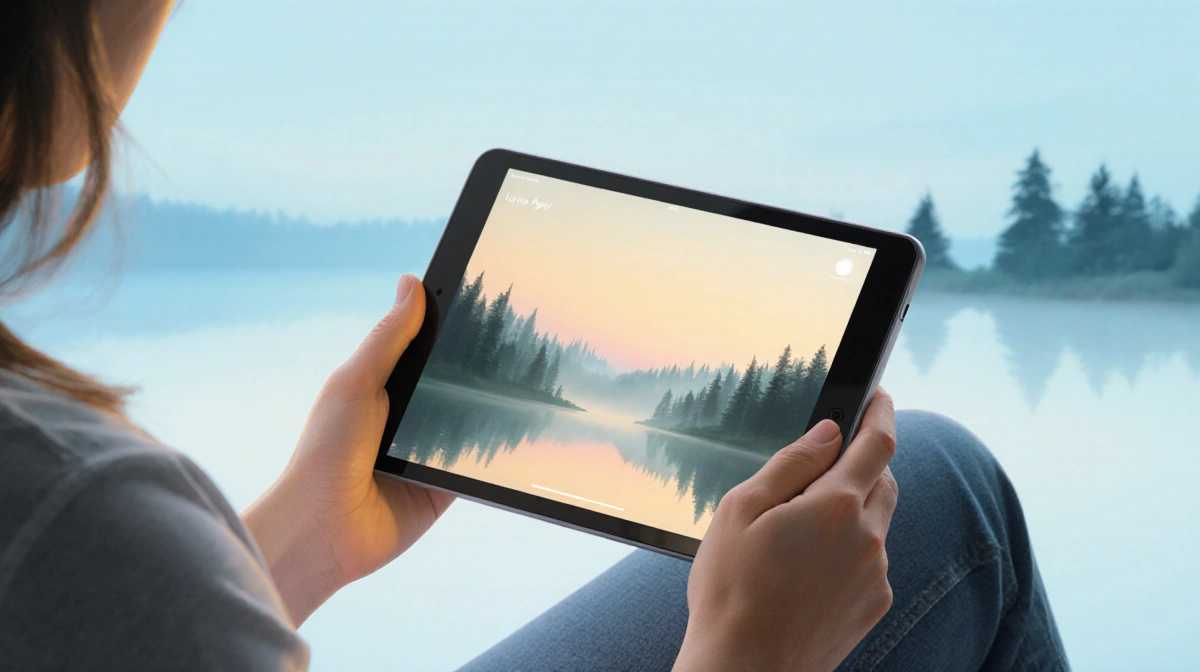 Person holding Lumo Paper Tablet with calming blue sky and golden light showing forest on screen