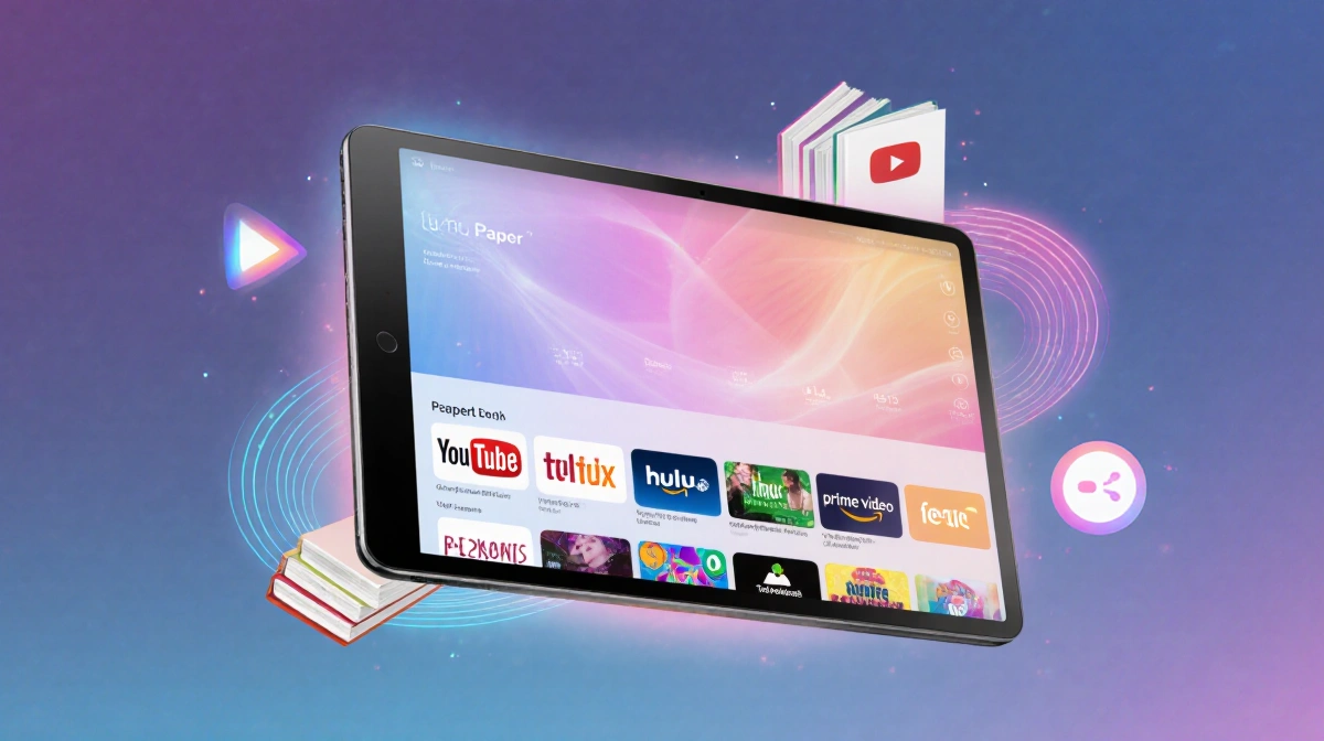 Lumo Paper Tablet glowing softly with streaming apps and ebooks floating around showing visual wellness
