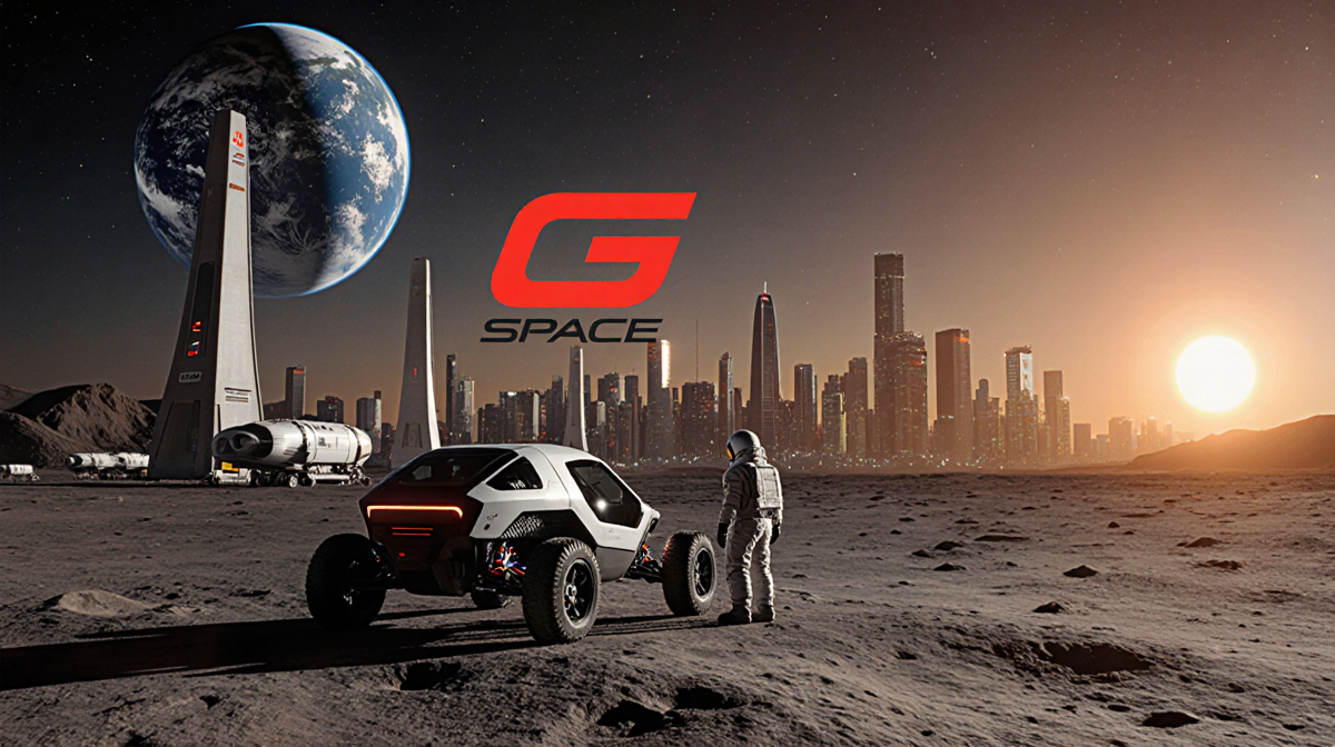 Astronauts gathering around a sleek lunar rover with the Earthrise over a futuristic lunar cityscape.