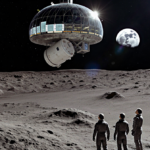Space tourists gaze upward at hovering lunar hotel with translucent dome and astronaut capsule.