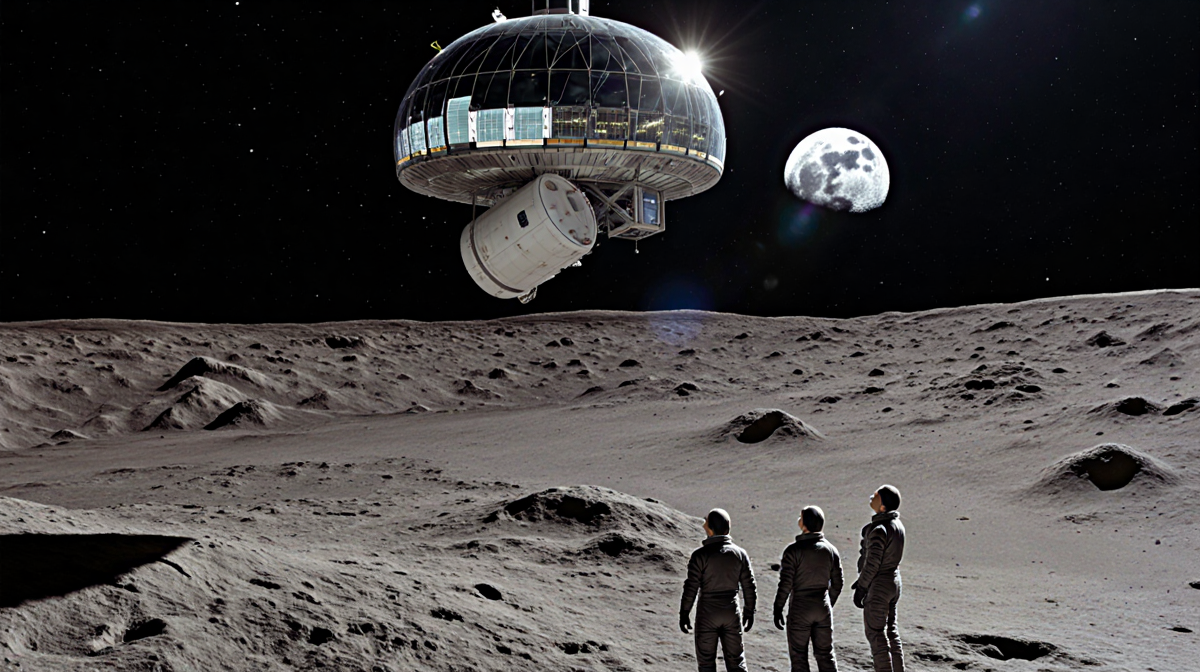 Space tourists gaze upward at hovering lunar hotel with translucent dome and astronaut capsule.