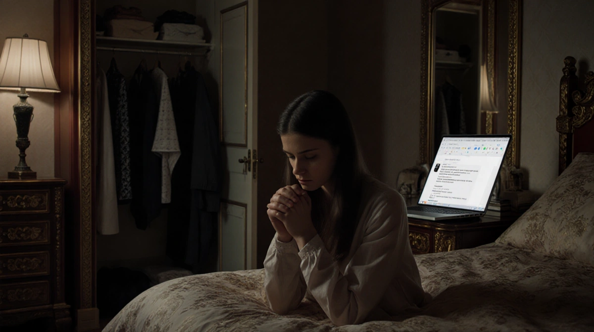 Young woman sitting on ornate bed with designer clothes visible through closet and laptop showing message