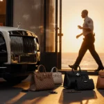 Luxury car parked outside Newport Beach boutique with designer bags scattered on floor and security guard rushing toward scen
