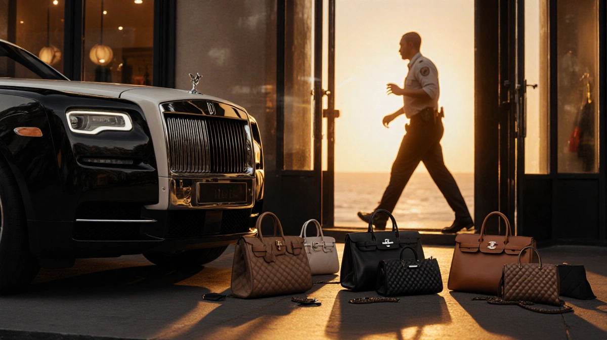 Luxury car parked outside Newport Beach boutique with designer bags scattered on floor and security guard rushing toward scen