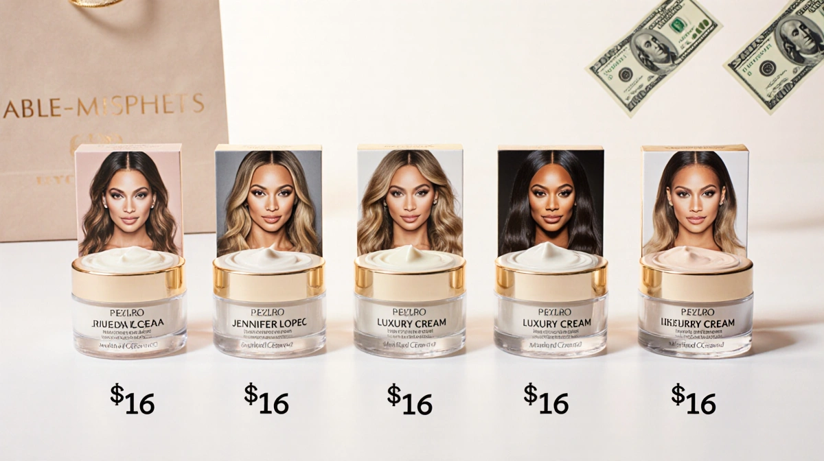Six luxury face creams lined up on white surface with $16 price tags and celebrity names on packaging
