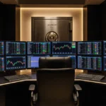 Luxury trading desk shows XRP crypto charts on multiple screens with metallic safe glowing under golden light