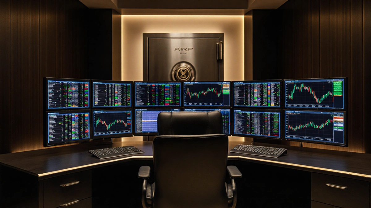 Luxury trading desk shows XRP crypto charts on multiple screens with metallic safe glowing under golden light