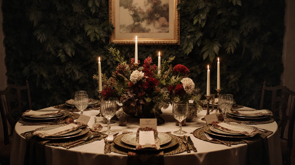 Luxury dining table glows with candles and floral centerpiece beneath warm lighting with lush greenery surrounding the elegan