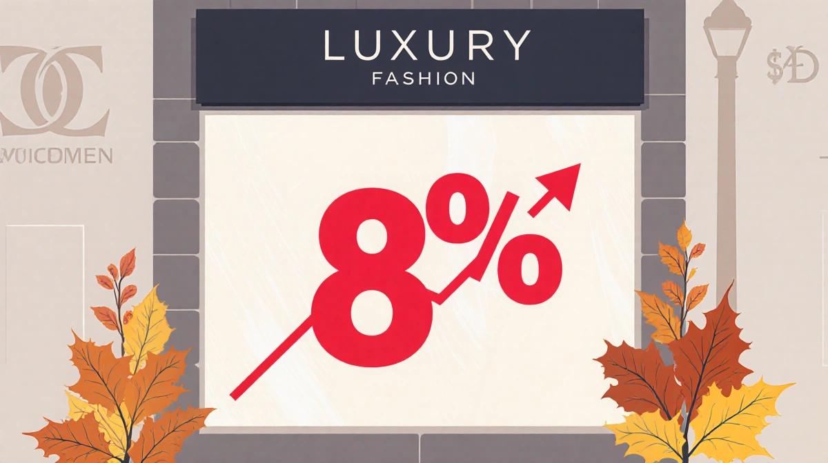 Luxury fashion storefront displays red 8% sign with autumn leaves and upward arrow showing luxury spending growth
