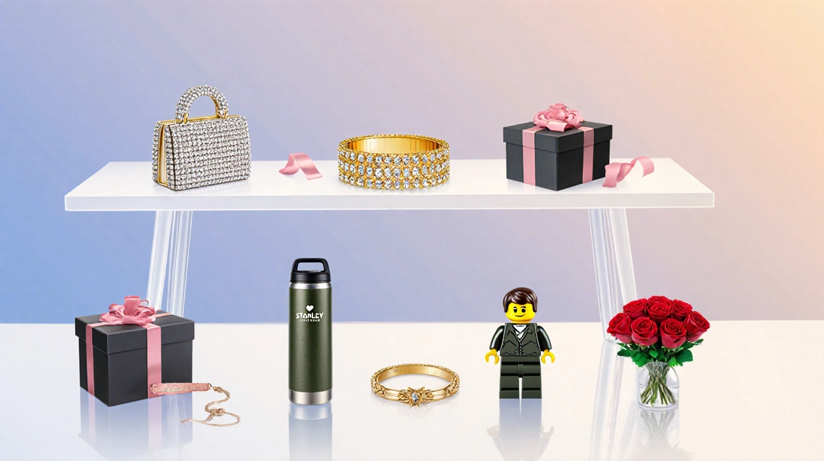 Luxury gift table displays designer crystal purse and gold bracelet with affordable tumbler and Lego flowers arranged in rows